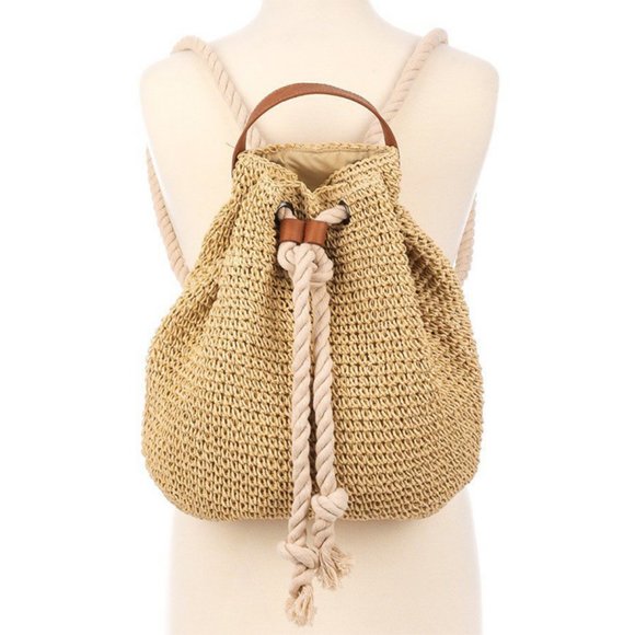 NWT Boho Beach Raffia Woven Rope Backpack - Picture 5 of 11